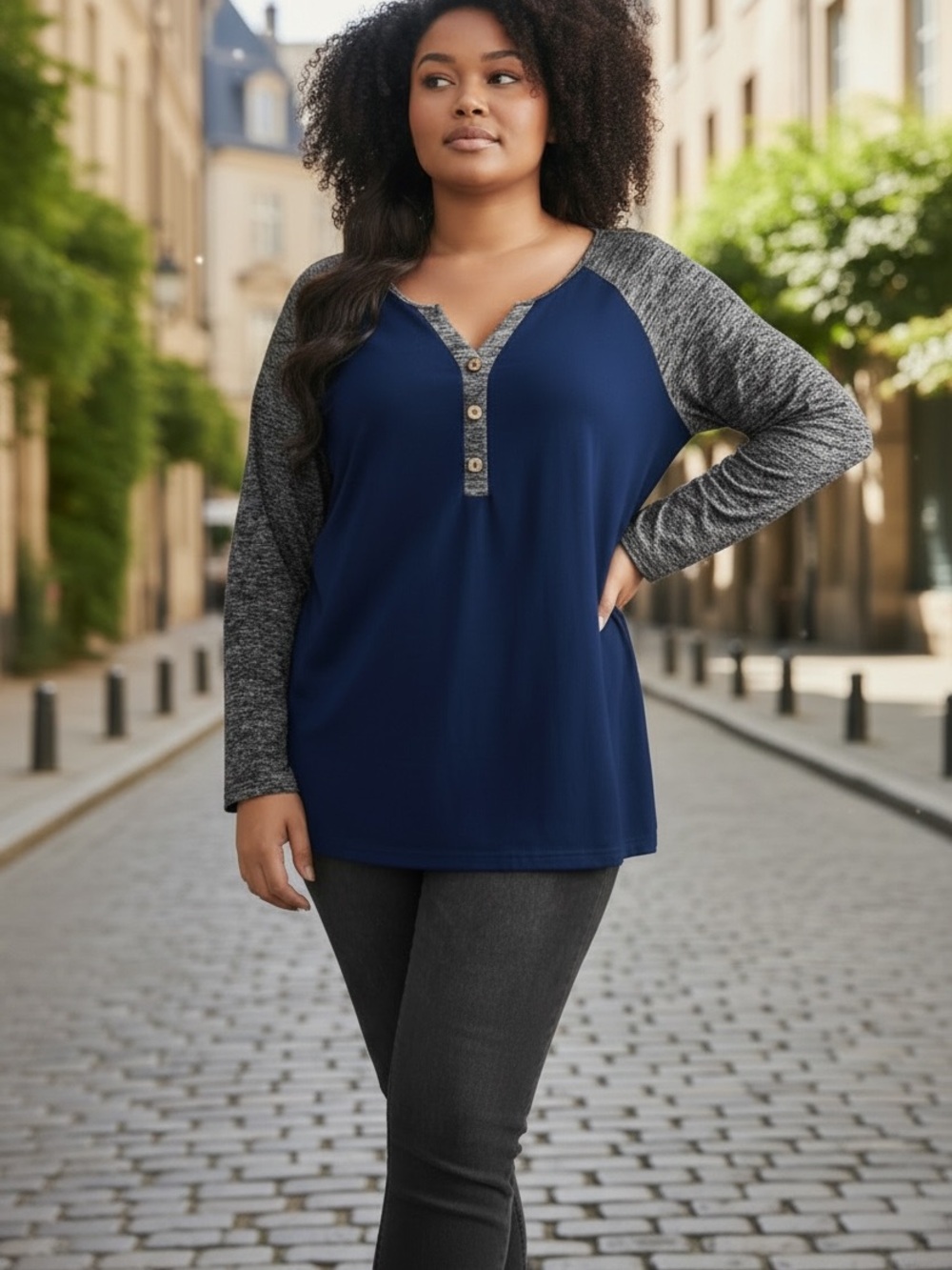 NWT: size 30 BloomChic blue Body with Heather Gray Raglan Henley Top